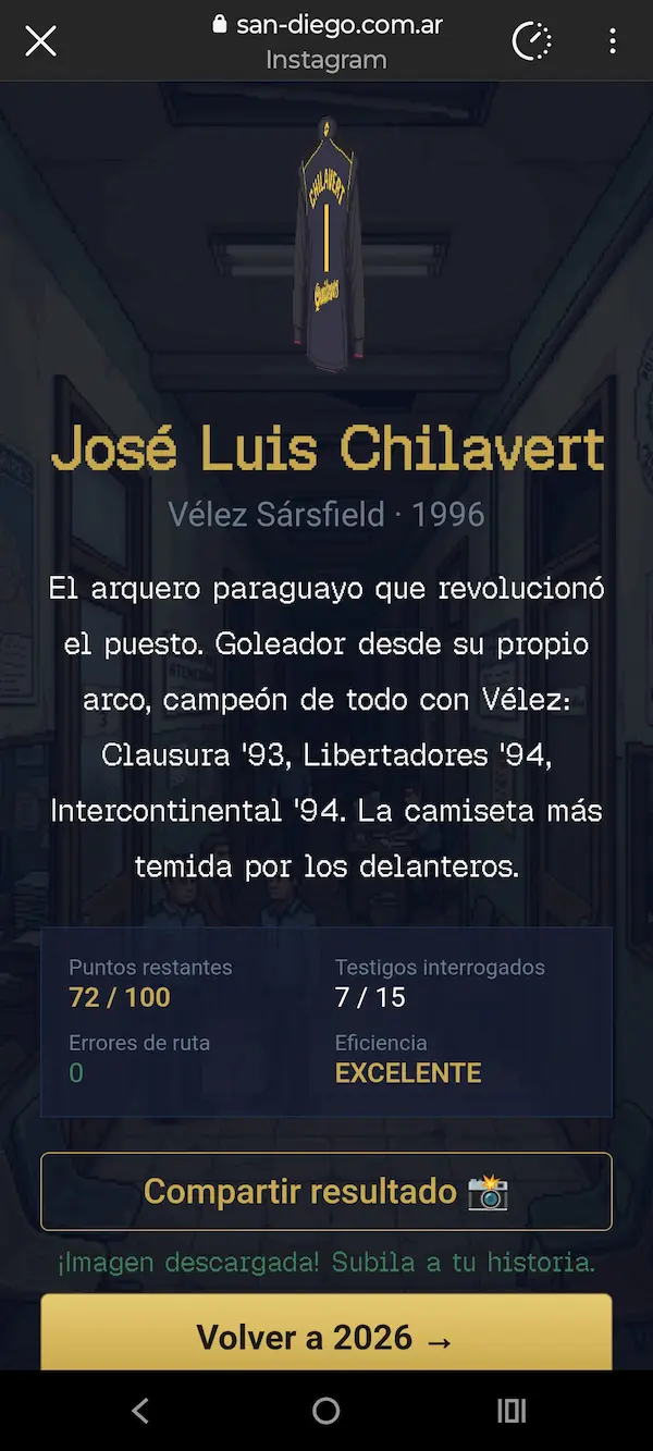 Ficha de José Luis Chilavert en Vélez Sarsfield 1996 tras recuperar su camiseta en Buscando a San Diego