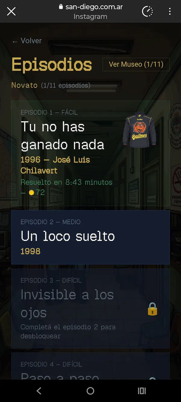 Menú de episodios de Buscando a San Diego, con el primer caso dedicado a la camiseta de Chilavert de 1996