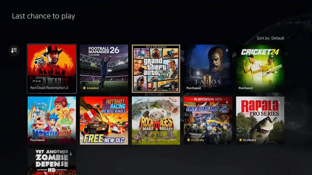 Captura de la sección Last Chance to Play de PlayStation Plus en PS5, con GTA V, Red Dead Redemption 2, Football Manager 26 y otros juegos que se van del catálogo