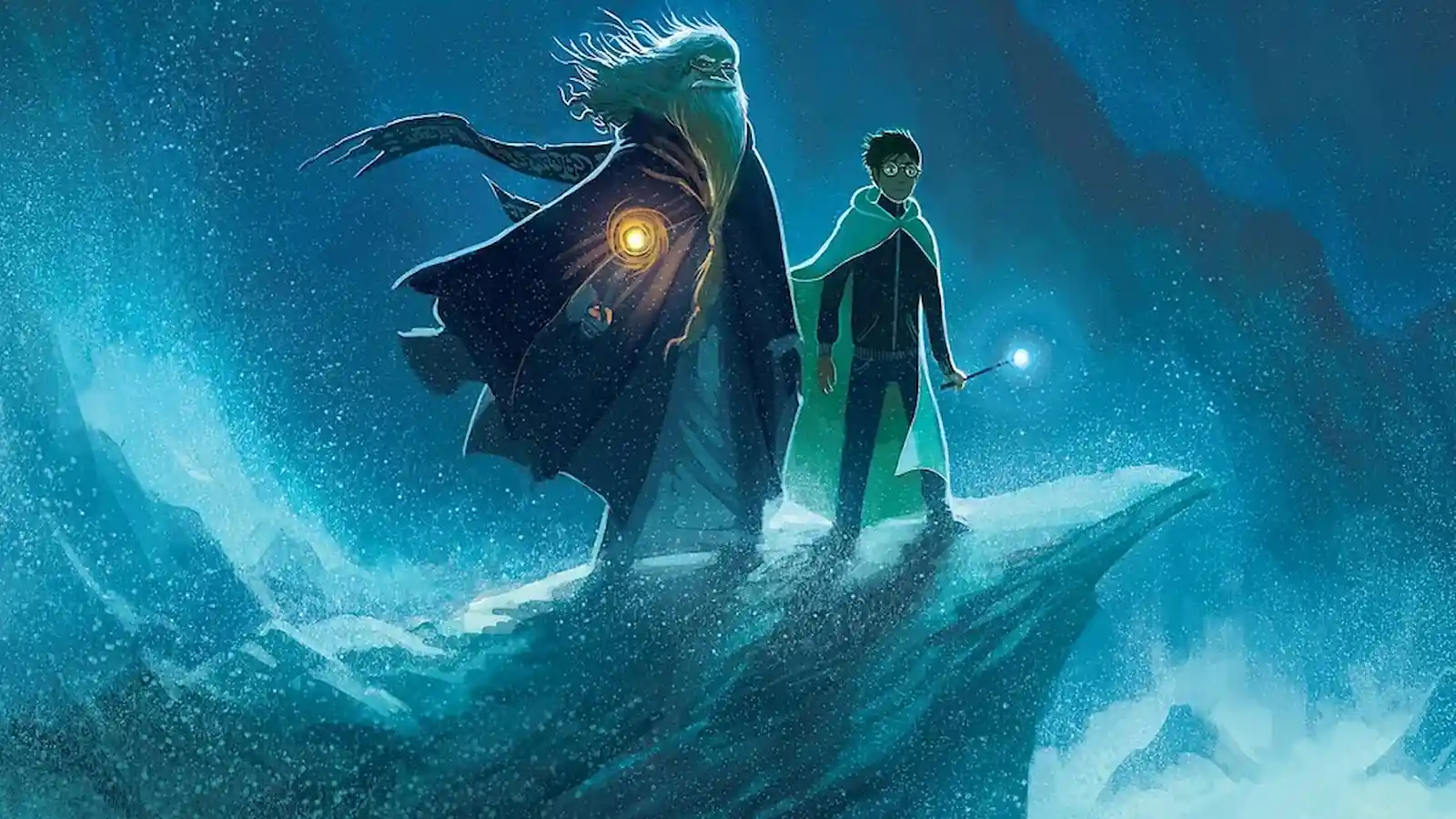 Ilustración de Harry Potter y Albus Dumbledore en una cueva, del arte de tapa de Bloomsbury