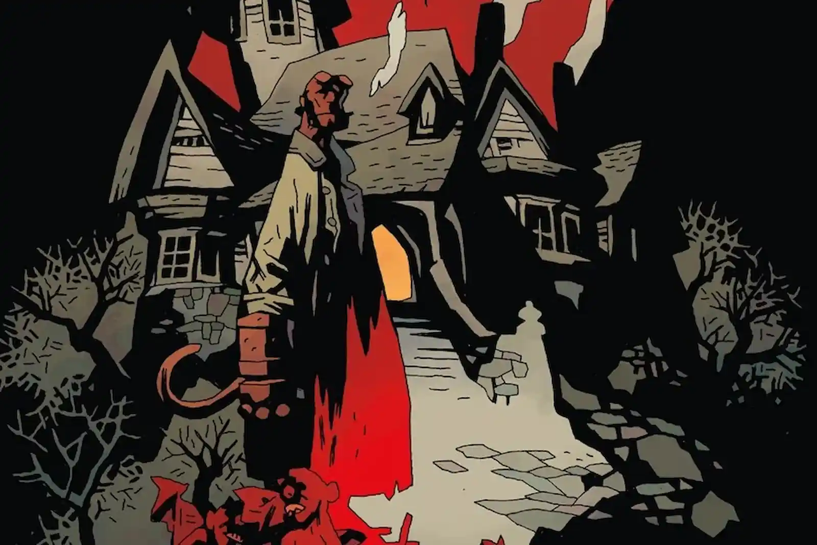 Hellboy con su mano de piedra frente a una casa, en la portada variante de Mike Mignola para Hellboy in Hell: Nothing But Blood #1
