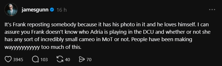 Publicación de James Gunn en Threads sobre el papel de Adria Arjona en el DCU y en Superman: Man of Tomorrow