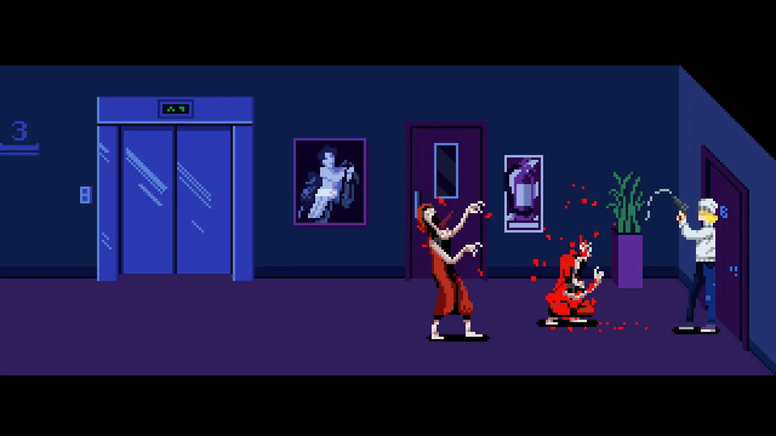 Julia dispara un revólver contra criaturas en un pasillo en pixel art de Tenebris Somnia