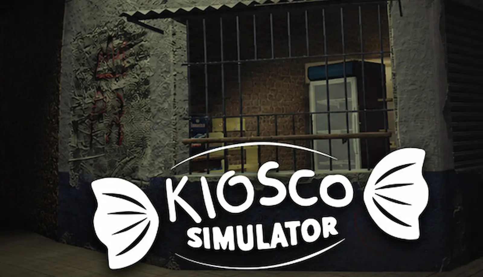Frente enrejado de un kiosco del conurbano con el logo de Kiosco Simulator, arte de su ficha de Steam