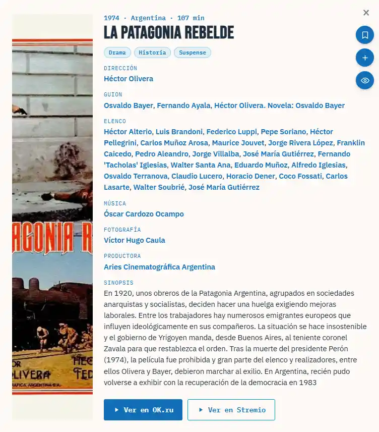 Ficha de La Patagonia rebelde (1974), de Héctor Olivera, en el catálogo de El Videoclub argento