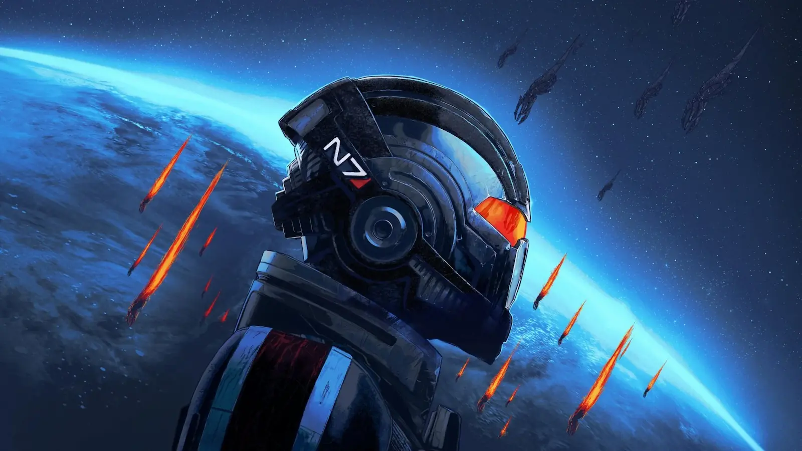 Arte de Mass Effect Legendary Edition: el casco N7 de Shepard frente a la Tierra atacada por los Segadores