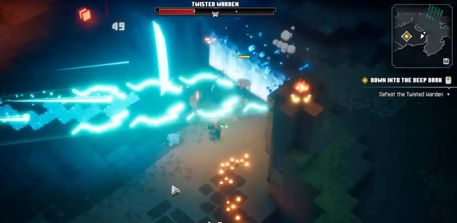 Rayo de energía azul del Twisted Warden atravesando la arena en Minecraft Dungeons II