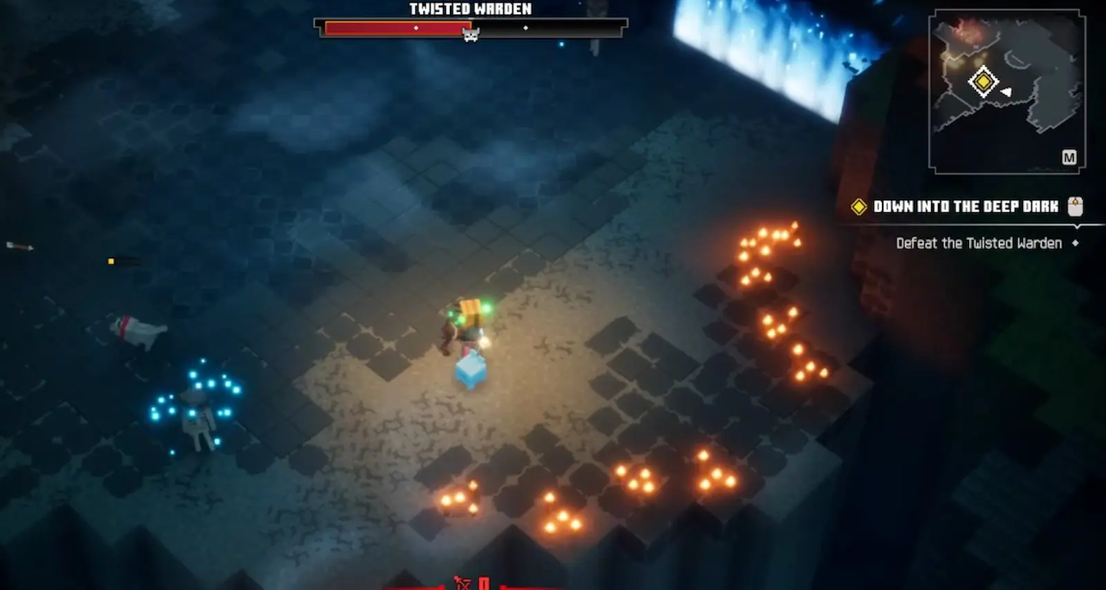 Un héroe en la arena del Twisted Warden, entre velas encendidas y un enemigo de almas azules, en Minecraft Dungeons II