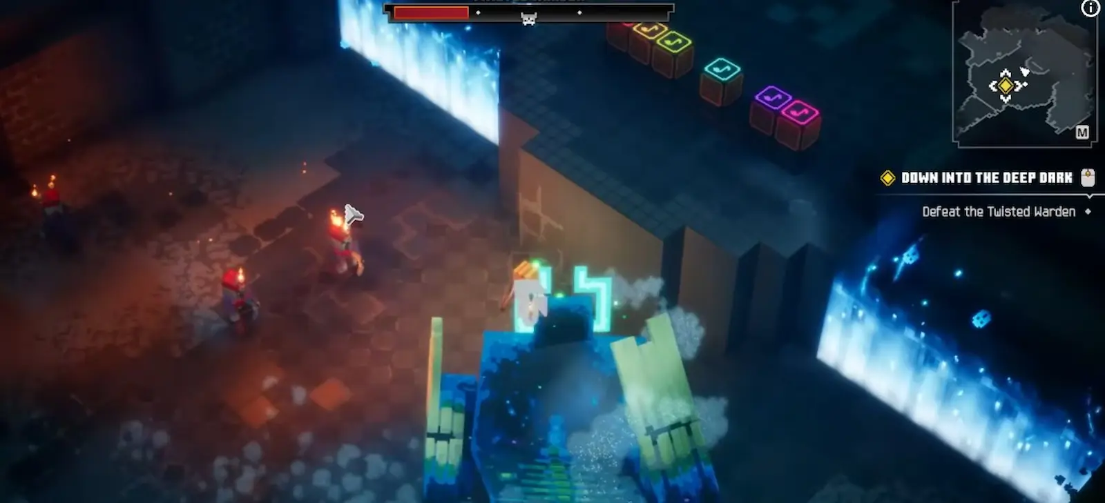 El Twisted Warden entre muros de fuego de almas azul, con enemigos acercándose por la izquierda, en Minecraft Dungeons II