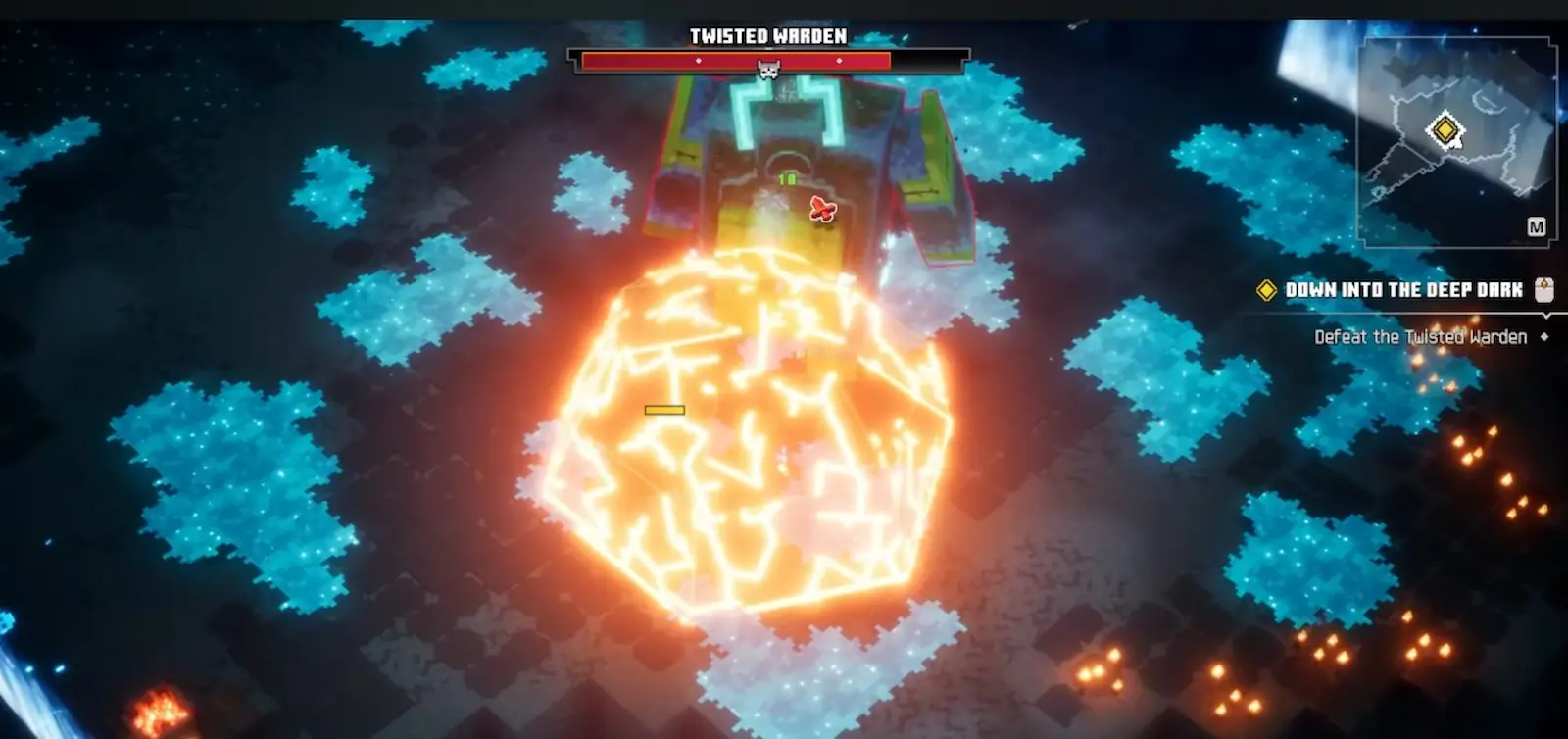 El Twisted Warden en su arena de Minecraft Dungeons II, rodeado de manchas azules de almas en el piso