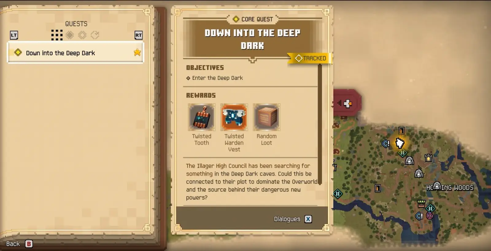 Menú de misiones de Minecraft Dungeons II con la misión Down into the Deep Dark, sus recompensas y Howling Woods en el mapa