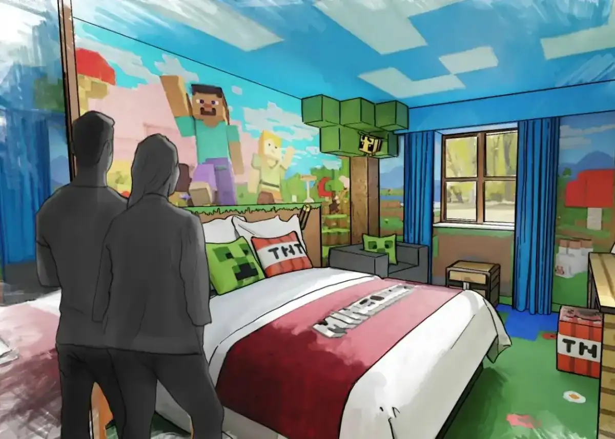 ilustración de cómo sería una habitación del próximo hotel de Minecraft