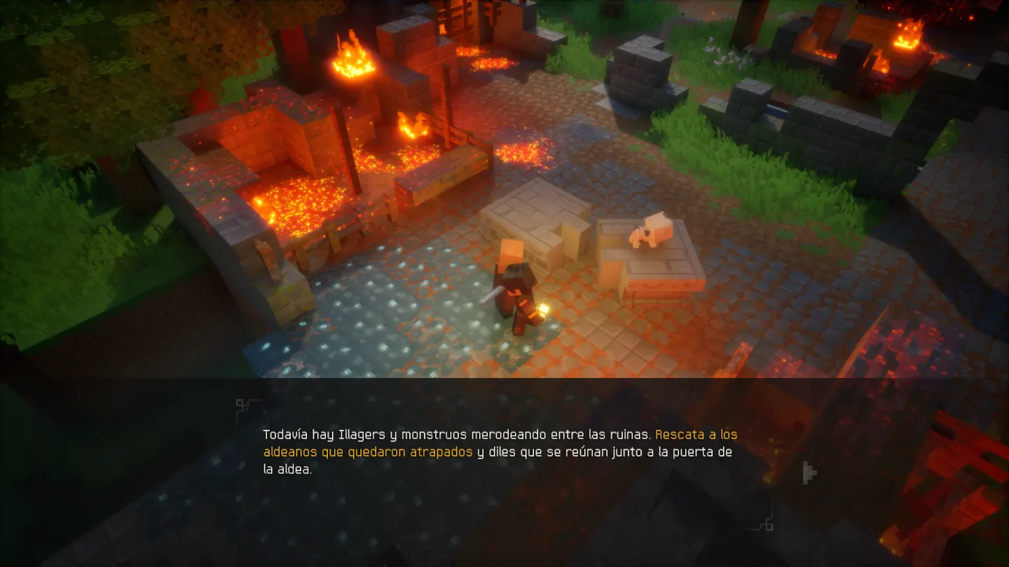 Minecraft Dungeons II: el héroe recorre las ruinas en llamas de una aldea atacada por los Illagers