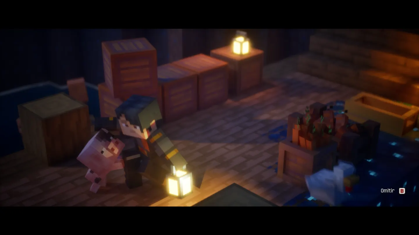 Minecraft Dungeons II: cinemática de un héroe con un farol entre cajas de madera, en un depósito a oscuras