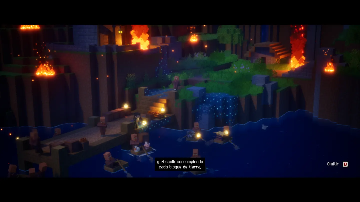 Minecraft Dungeons II: aldeanos escapan en botes de una aldea en llamas durante la noche