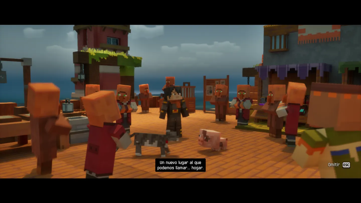 Minecraft Dungeons II: el héroe en la plaza de una aldea, rodeado de aldeanos, un gato y un cerdo