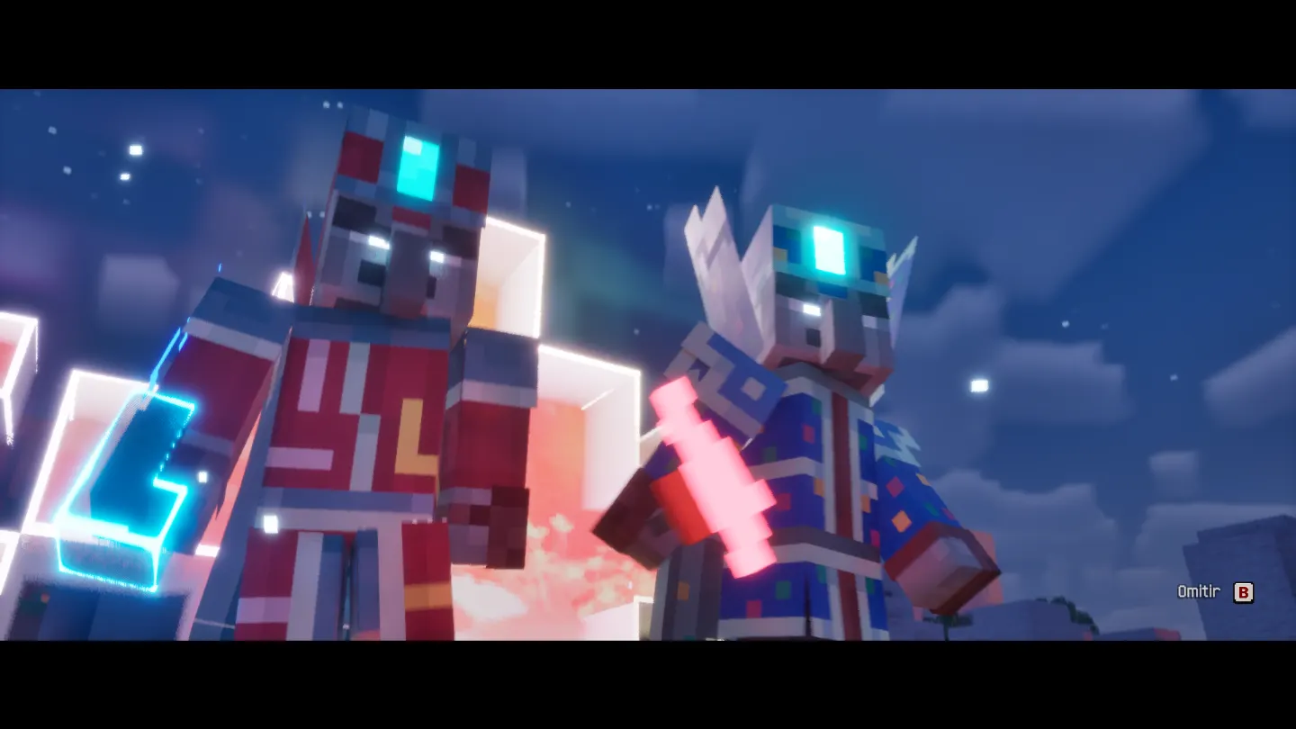 Minecraft Dungeons II: dos líderes Illager con artefactos brillantes en una cinemática nocturna