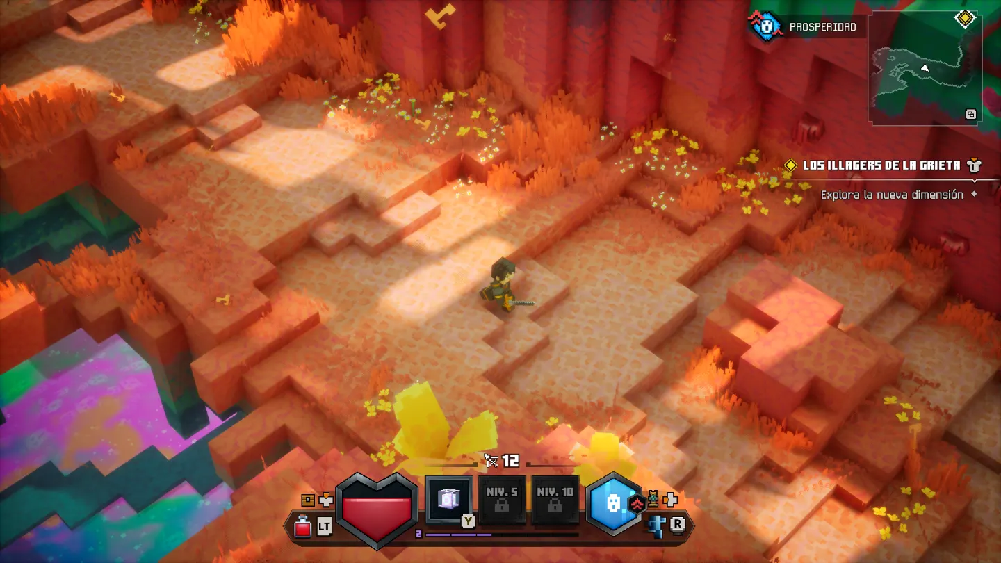 Minecraft Dungeons II: exploración de un cañón de tonos naranjas en el Sift, durante la misión Los Illagers de la grieta