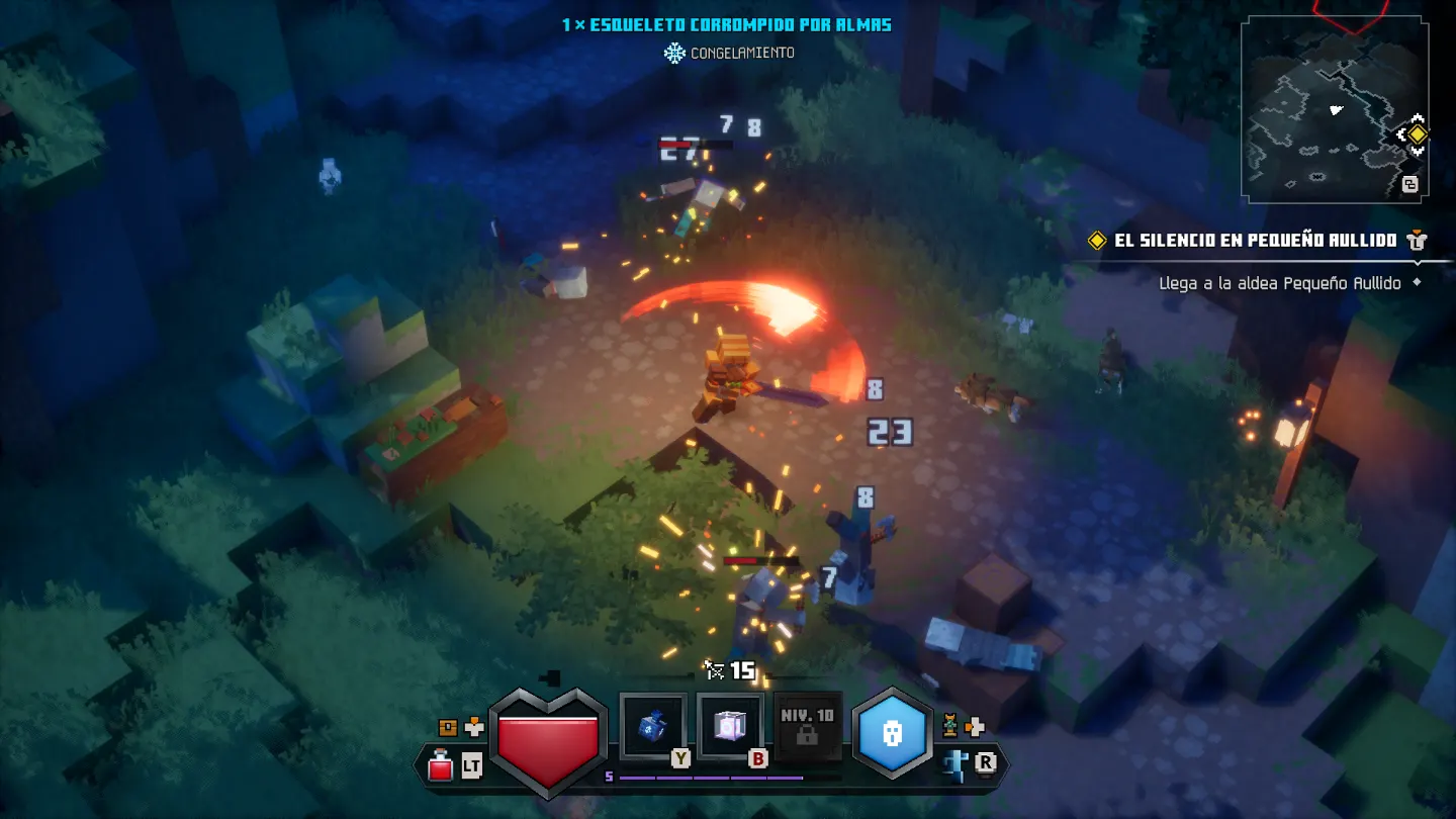Minecraft Dungeons II: combate nocturno en el bosque contra un esqueleto corrompido por almas