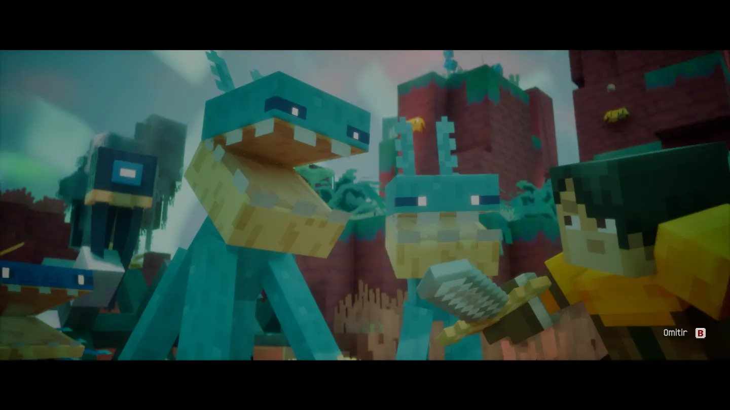 Minecraft Dungeons II: criaturas de bocas enormes rodean a un héroe en una cinemática