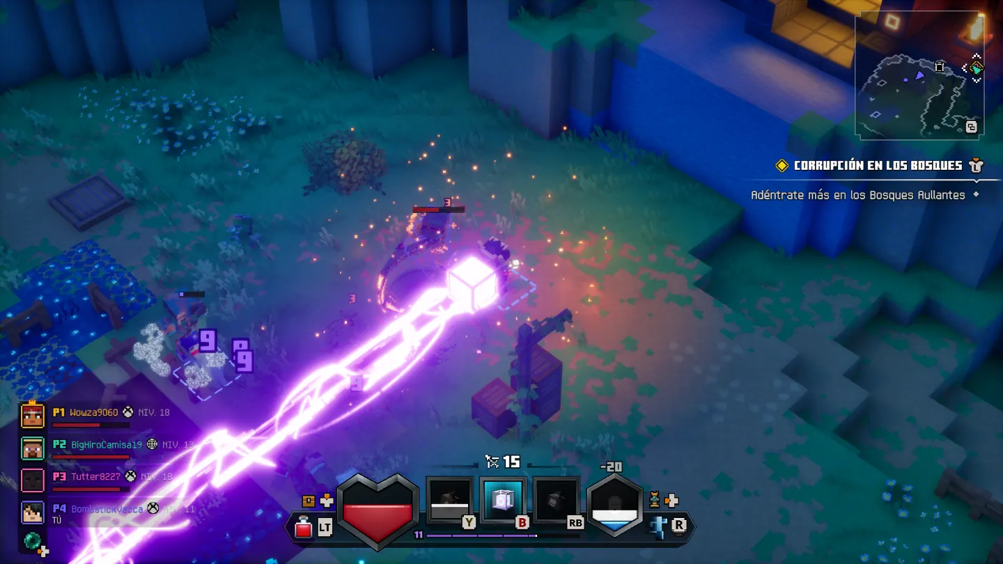 Minecraft Dungeons II: un rayo violeta atraviesa a los enemigos en una partida cooperativa en los Bosques Aullantes
