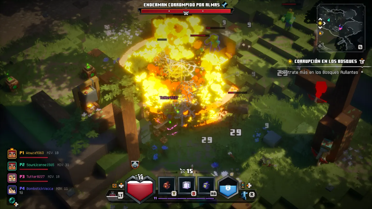 Minecraft Dungeons II: explosión durante el combate contra un enderman corrompido por almas, en cooperativo