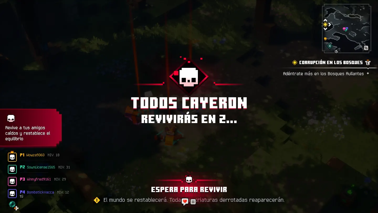 Minecraft Dungeons II: pantalla de Todos cayeron cuando el grupo cooperativo es derrotado