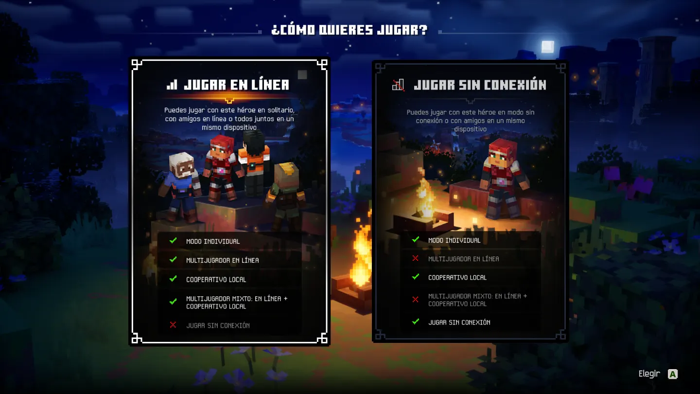 Minecraft Dungeons II: menú para elegir entre jugar en línea o sin conexión, con sus modos cooperativos