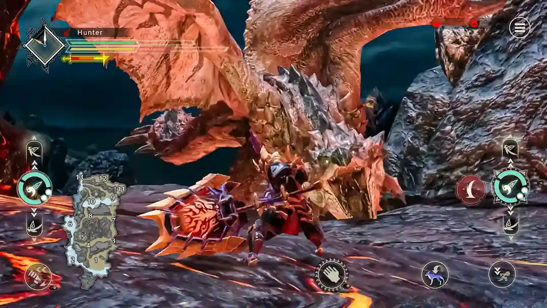 Captura de Monster Hunter Rise para celulares con los controles táctiles en pantalla, frente a un Rathalos