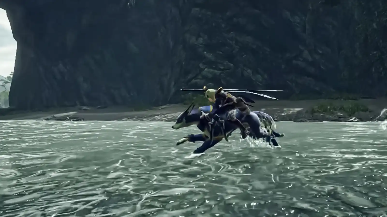 Cazador montado en un Palamute cruzando un río en Monster Hunter Rise