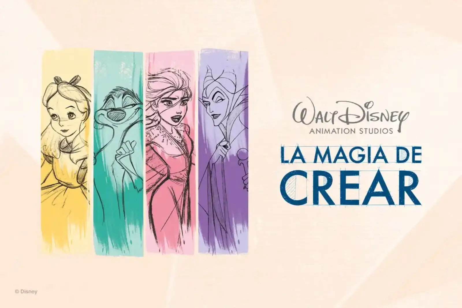 Afiche oficial de la muestra Walt Disney Animation Studios: La magia de crear, con bocetos de personajes de Disney