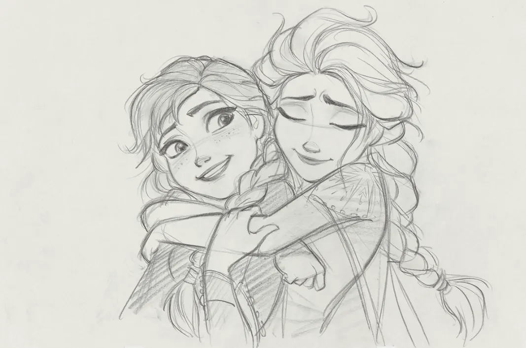 Un dibujo de Anna y Elsa de Frozen en la exhibición de Walt Disney Animation Studios: La magia de crear