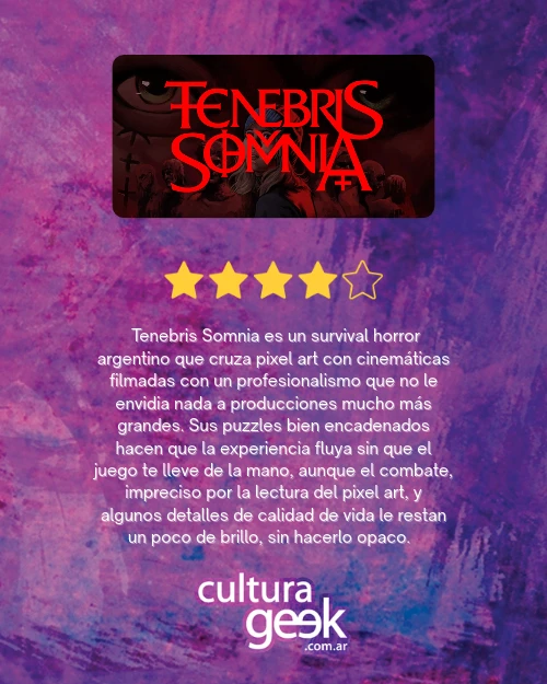 Placa de puntaje de la review de Tenebris Somnia en Cultura Geek: 4 de 5 estrellas con el veredicto de la redactora