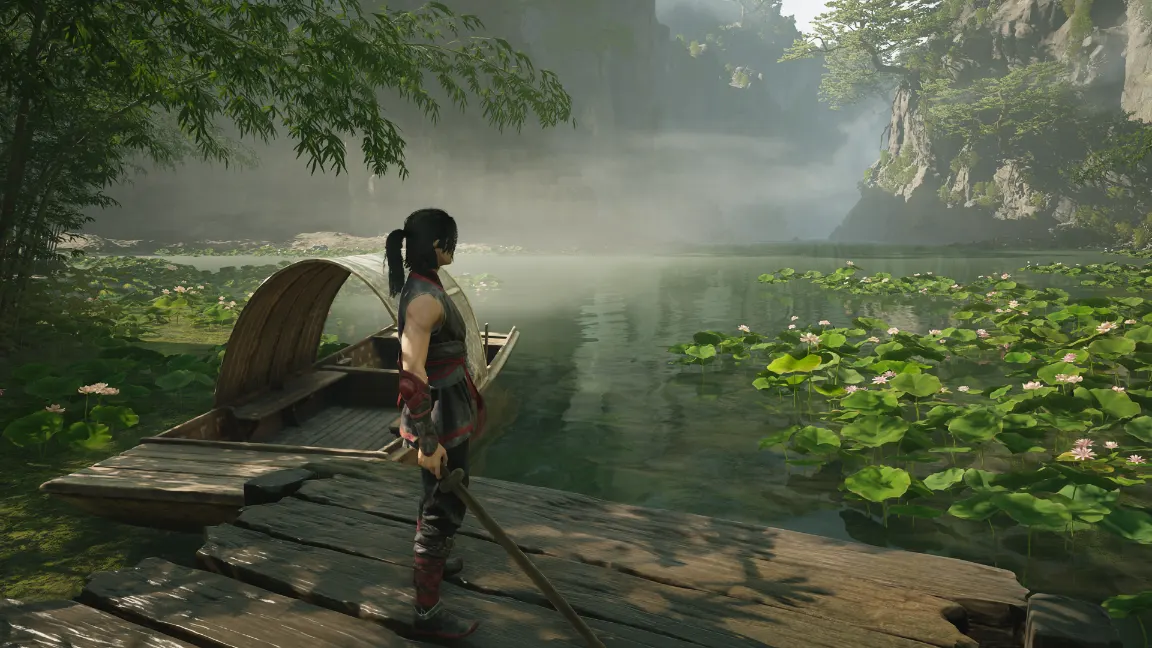 Una joven en un muelle junto a un lago con nenúfares en Phantom Blade Zero