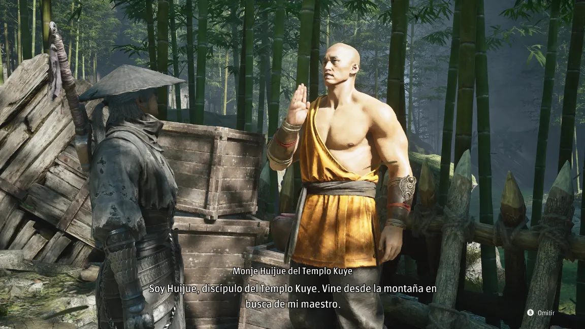 Soul conversa con un monje del templo Kuye en un bosque de bambú en Phantom Blade Zero