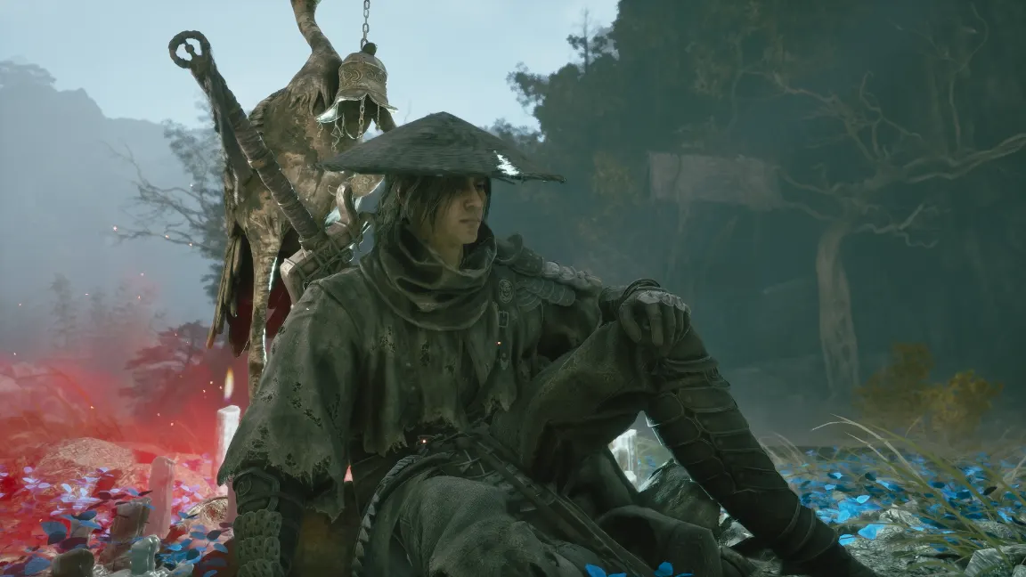 Soul descansa sentado junto a una campana en Phantom Blade Zero