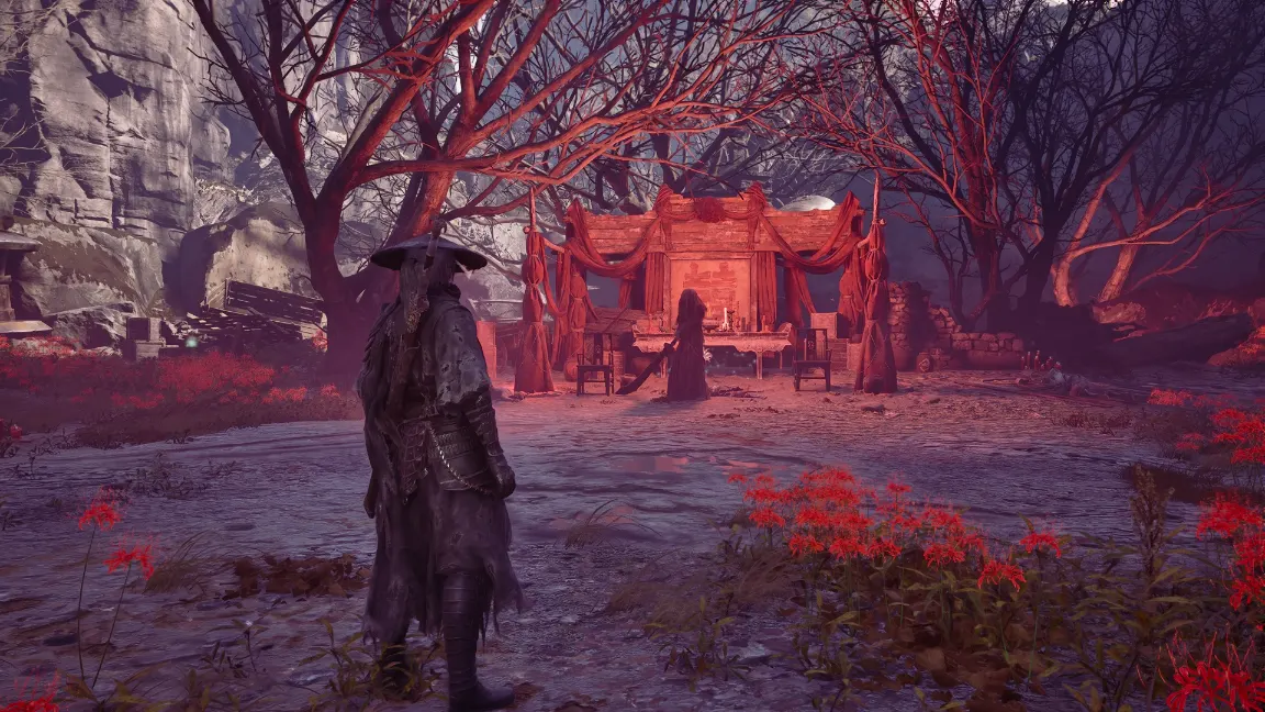 Soul frente a un santuario rodeado de árboles rojos en Phantom Blade Zero