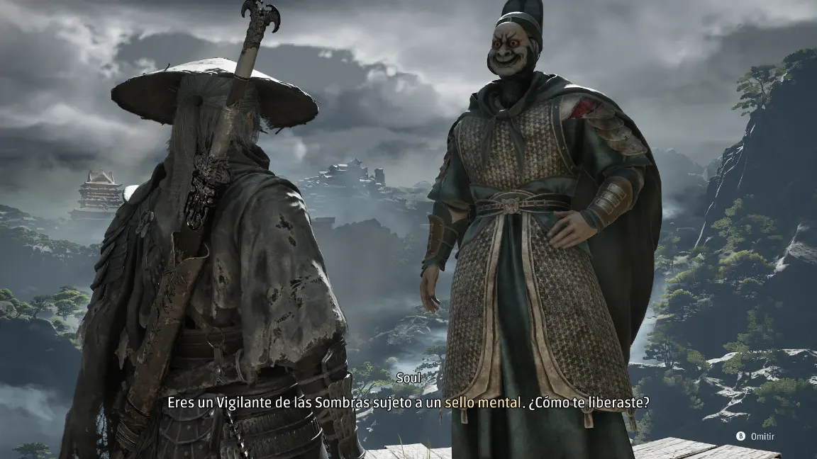 Soul habla con un guerrero enmascarado en Phantom Blade Zero