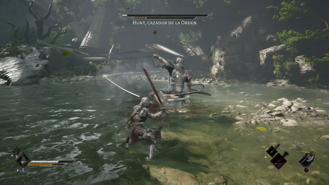 Soul pelea en un río contra Hunt, cazador de la Orden, en Phantom Blade Zero