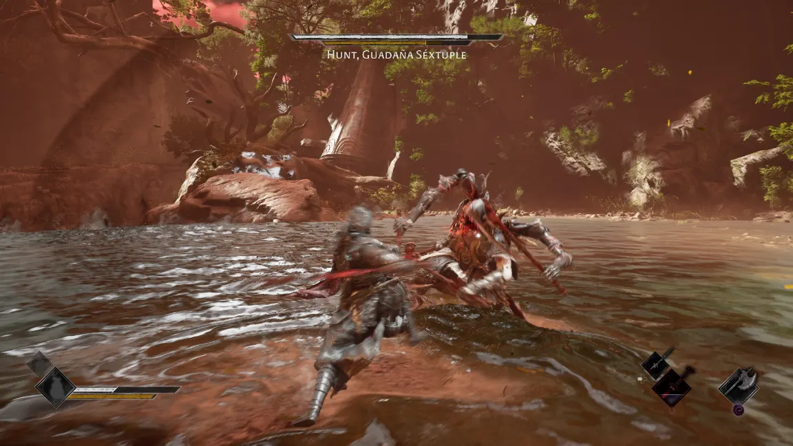 Combate contra el jefe Hunt, Guadaña Séxtuple, en un arroyo rojizo de Phantom Blade Zero