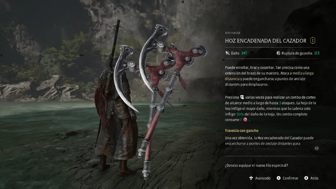 Menú de armas con la Hoz encadenada del cazador en Phantom Blade Zero