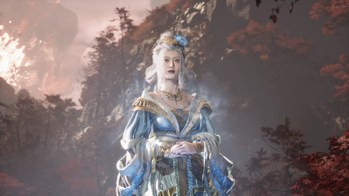 Una dama con vestido azul y tocado dorado en Phantom Blade Zero