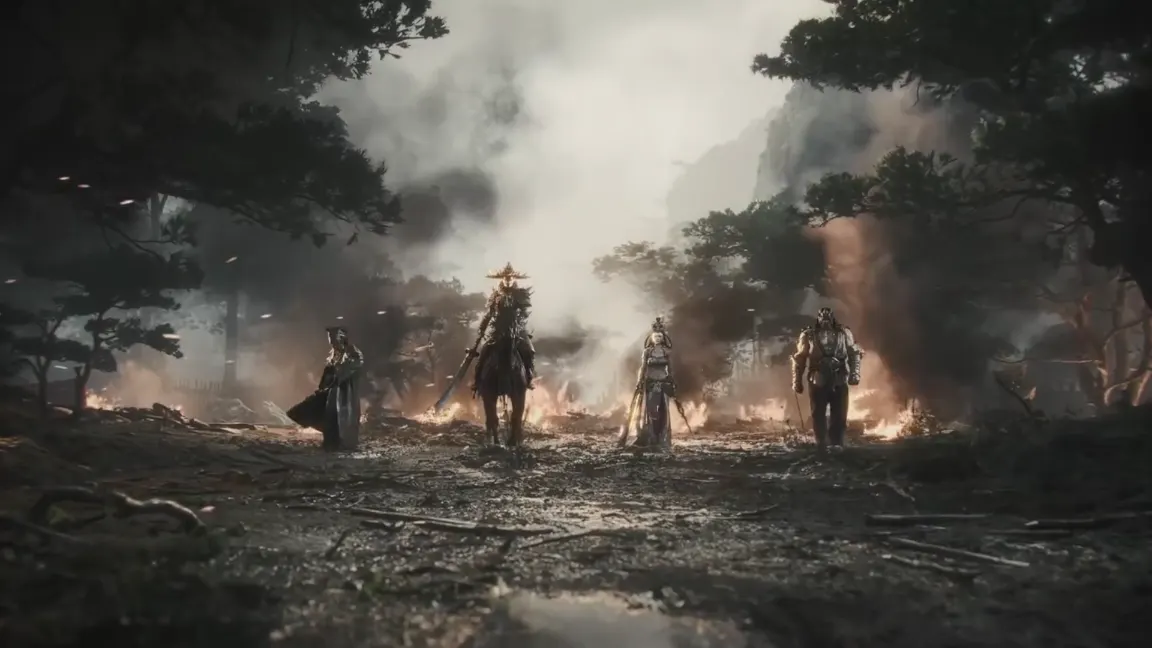 Soul y otros guerreros avanzan por un campo de batalla en llamas en Phantom Blade Zero