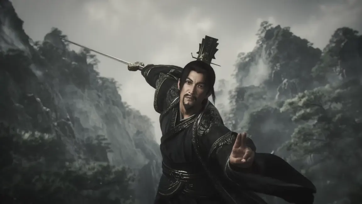 Un espadachín en pose de combate frente a montañas brumosas en una cinemática de Phantom Blade Zero