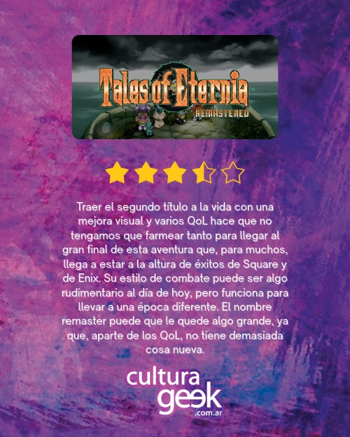 Placa de puntaje de la review de Tales of Eternia Remastered: 3,5 de 5 estrellas
