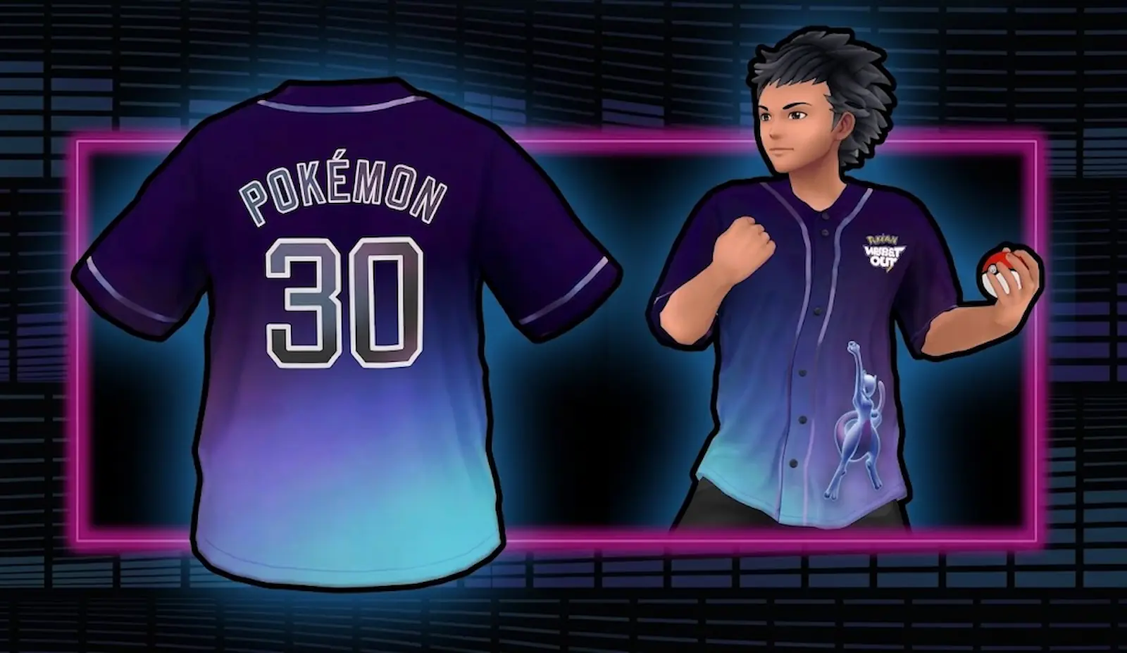 Camiseta de béisbol de Pokémon Night Out con el número 30 y un avatar de Pokémon GO que la lleva puesta