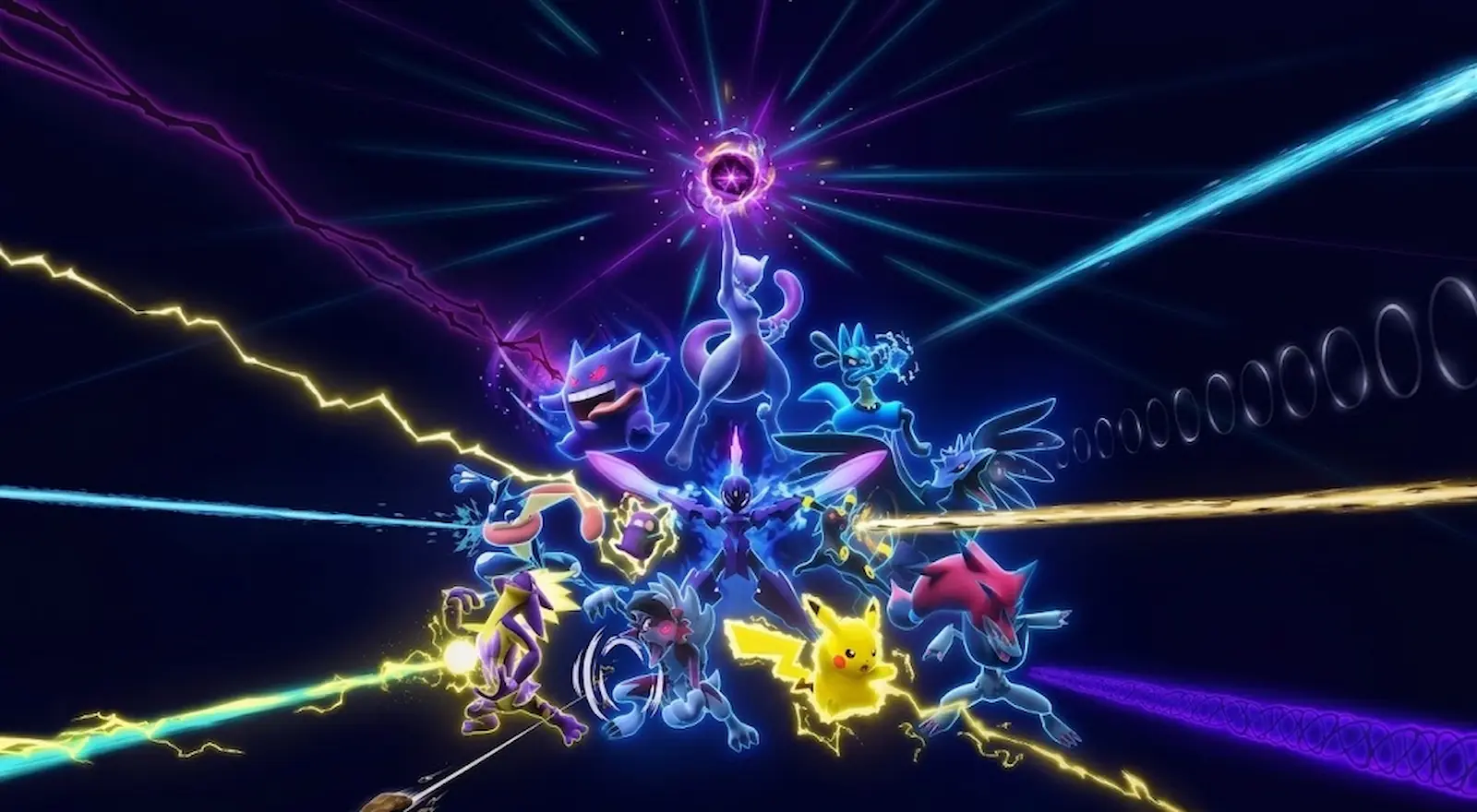 Mewtwo, Pikachu, Gengar, Lucario y otros Pokémon entre rayos de neón en el arte oficial de Pokémon Night Out 2026