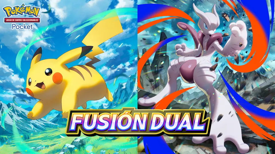 Placa oficial de Fusión Dual, la nueva expansión de JCC Pokémon Pocket, con Pikachu y Mega-Mewtwo X