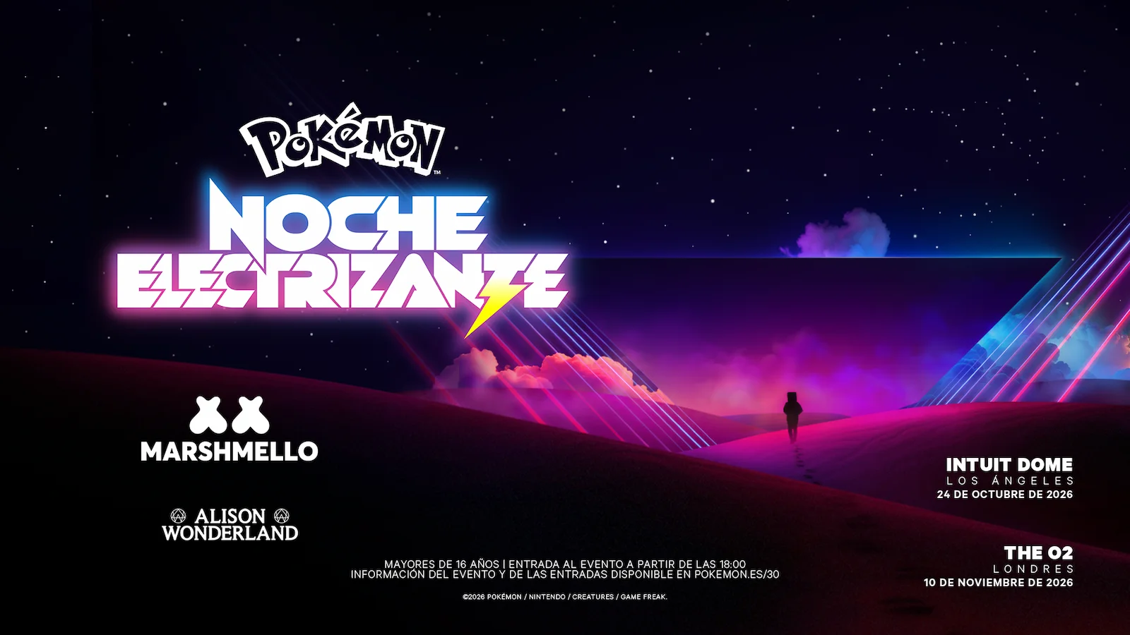 Afiche de Pokémon Noche Electrizante con los nombres de Marshmello y Alison Wonderland y las fechas de Los Ángeles y Londres