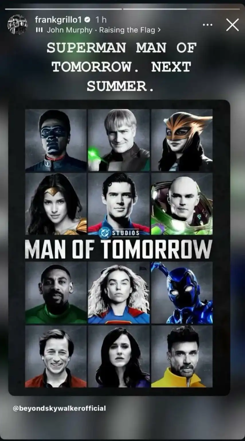 Historia de Instagram de Frank Grillo con un póster hecho por fans del supuesto elenco de Superman: Man of Tomorrow, con Adria Arjona como Wonder Woman